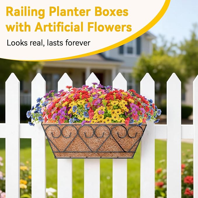 ZeeDix 16 Inch Artificial Flowers Hanging Railing Window Planter Box, 12 Pcs UV Resistant Fake Look Real Flowers with Heart-Shaped Deck Railing Planter Boxes for Porch Patio Balcony Garden Home Decor ZeeDix