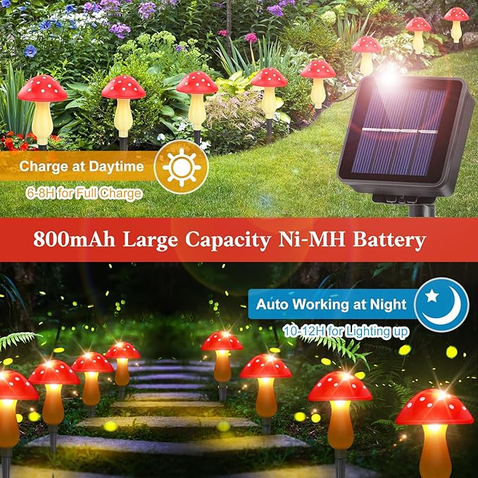 Mushroom Solar Lights Outdoor Waterproof, Whimsical and Cute Solar Mushrooms Stake Lights for Outside with 8 Lights and 8 Modes for Fariy Garden Yard Lawn Path Planter Flower Bed Decor (Red) ReyeeInc