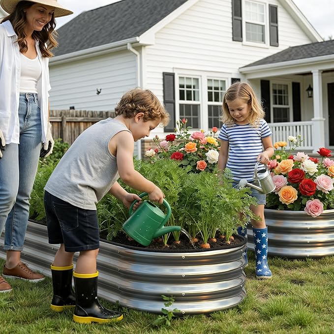 Galvanized Metal Raised Garden Bed Kit for Outdoor Planter Boxes with Easy Assembly,Oval Large Galvanized Gardening Raised Bed for Vegetables, Fruits, Flower (Silver, 4 * 2 * 1ft-2P) Anmiro