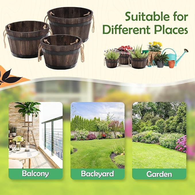 Set of 3 Wooden Flower Boxes Outdoor, Durable Acacia Wood Barrel Planters for Outdoor Plants with Ergonomic Handles, Drainage Holes, Multiple Sizes Wood Bucket Planter for Home Décor Idzo