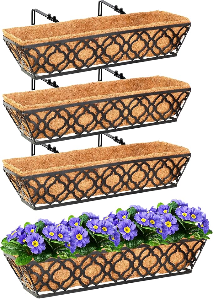 4pcs 24 Inch Window Deck with Coco Liner, 24" Window Boxes Horse Trough with Coconut Coir Liner, Metal Hanging Flower Planter Window Basket Deck Railing Planter Boxes for Outdoor Indoor Lawn LAWYAMAI