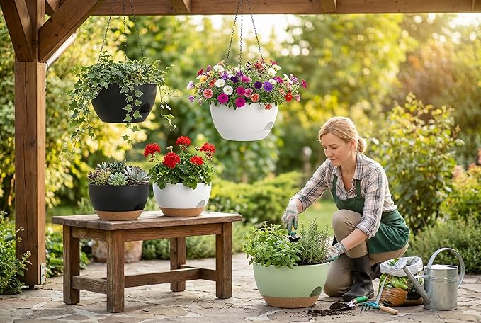Hanging Planters 3-Pack, 8 Inch Self-Watering Hanging Pots with Drainage Hole and Chains, Plastic Planters for Indoor Outdoor（Black Brown） Rootora