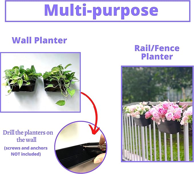 LaLaGreen Rail Planter Outdoor Plants (11.8 Inch, 2 Pack) Black Metal Iron Fence Hanging Flower Pots Deck Railings Buckets Countryside Boho Style Wall Mount Window Box Plant Holder Hooks Porch Decor L%C3%A1L%C3%A1Green