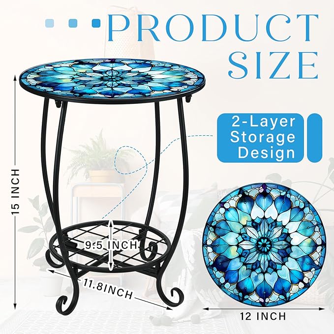 Outdoor Side Table Round Small Mosaic Patio Accent Indoor End Plant Coffee Tea Table for Yard Patio Porch Garden Living Room, Bedroom(Mandala Style,12 Inch) Cinnvoice