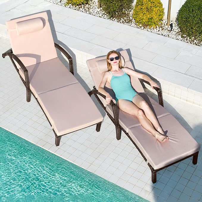 Chaise Lounge Chairs Outdoor Set of 4, Comfy Outside Wicker Patio Pool Lounge Chair w/ 5 Adjustable Back Angle, Cup Holder, Thicken Cushion ZZWHOM