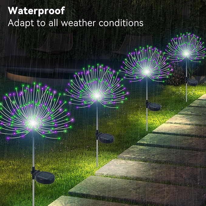 Solar Garden Lights Outdoor Waterproof, 2 Pack 120 LED Solar Firework Lights Decorative Garden Décor Outside for Flowerbed Pathway Party Halloween Christmas Decorations, Green + Purple Slyuexu