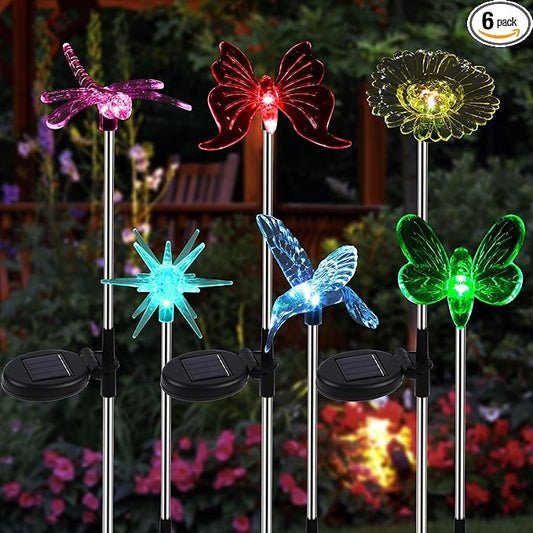 Glintoper 6 Pack Solar Garden Stake Lights Outdoor, Solar Butterfly Figurine Lights, Multi-Color Changing LED Landscape Lighting, Sparkling Star Flower Hummingbird Dragonfly Bee for Patio Yard Pathway Glintoper