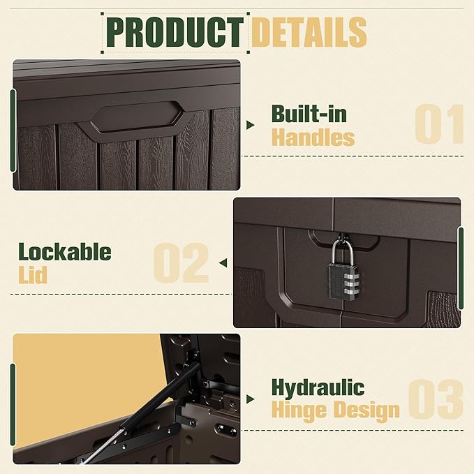 JUMMICO 250 Gallon Outdoor Resin Deck Box with Divider, Waterproof Storage Box with Lockable Lid&Side Handles for Garden Tools, Pools Supplies (Brown) JUMMICO