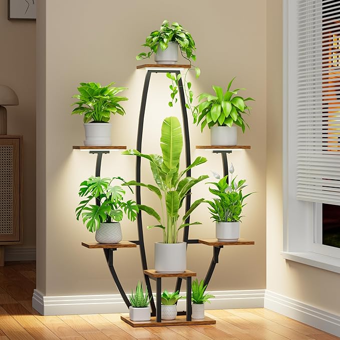 JUSTOGO Plant Stand Indoor with Grow Lights - 7 Tiered Large Plant Shelf Indoor, 47" Corner Plant Stands for Indoor Plants Multiple, Metal Plant Rack Flower Holder Display for Living Room, Home Decor JUSTOGO