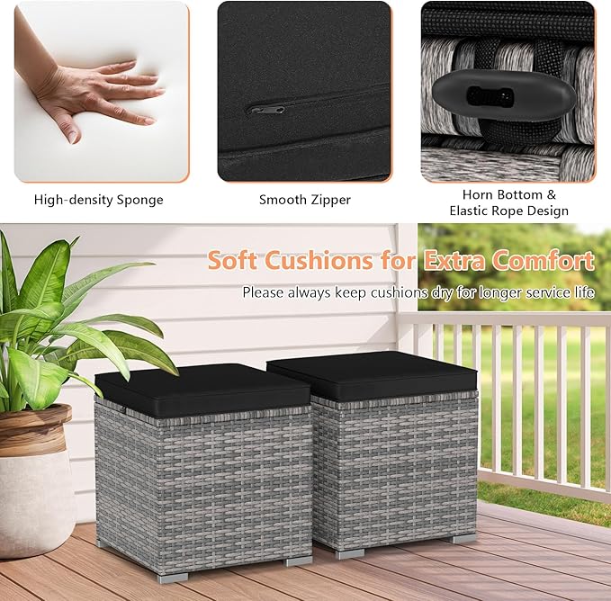 Tangkula 2 Pieces Patio Ottomans, Patiojoy Hand-Woven PE Rattan Side Table with Removable Cushion & Hidden Storage Space, Multifunctional Storage Box, Seat for Patio, Backyard, Poolside (Black&Grey) TANGKULA