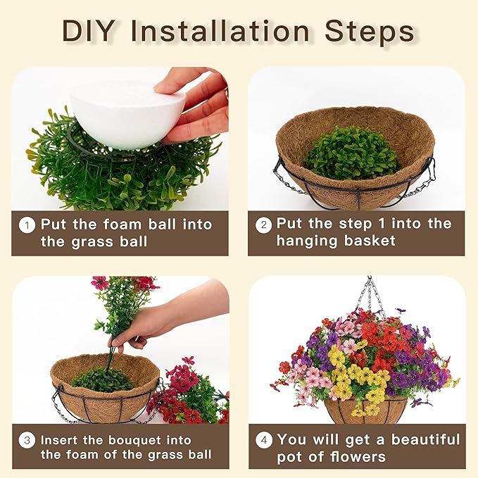 Senjie 12 Bundles Artificial Hanging Flowers with Basket for Outdoor Decor, UV Resistant Faux Flowers Fake Hanging Planter for Porch Patio Balcony Senjie