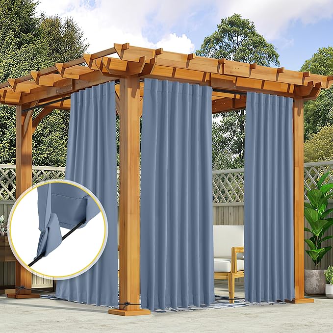 NICETOWN 2 Panels Outdoor Curtains Waterproof Pocket & Back Tab on Top & Bottom, Thermal Insulated Fixed Windproof Outdoor Drapes Privacy for Patio with Rope for Fixed, W52 x L95, Stone Blue NICETOWN