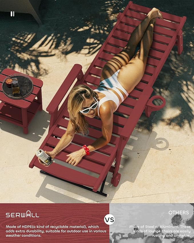 SERWALL Patio Chaise Lounge Chair Set of 2, 78'' Long 5-Positions Adjustable HDPE Outdoor Lounger for Pool, Poly Lounge Chair with Rolling Wheels & Cup Holder for Poolside, Deck, Dark Red SERWALL