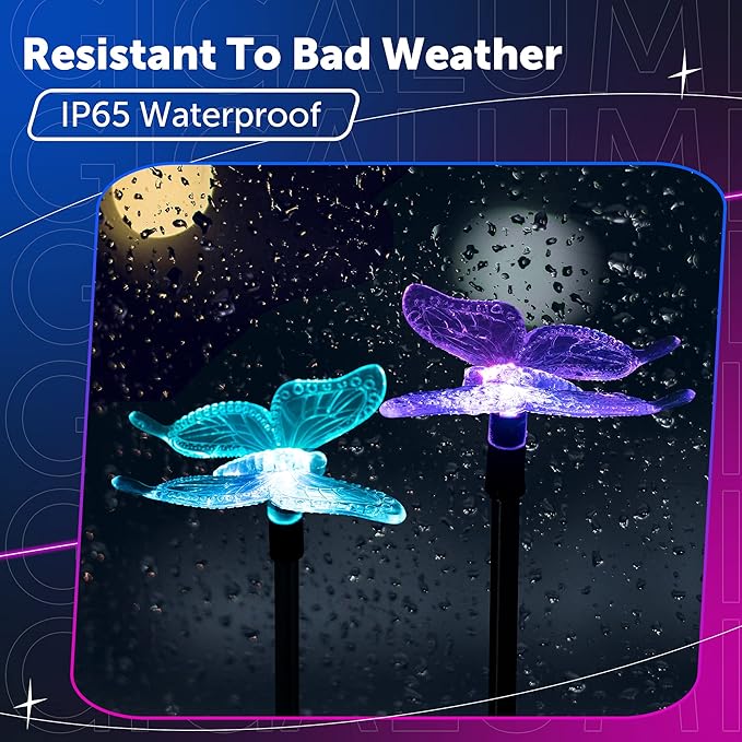 GIGALUMI Solar Garden Lights, 3 Pack Solar Butterfly Lights Decoration, Outdoor Garden Decoration Color Changing LED, Outdoor Decorative for Pathway, Lawn, Patio, Driveway GIGALUMI