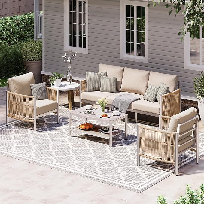Aluminum Outdoor Patio Furniture Set with Dual-Layer Coffee Table, 4 Piece Modern Patio Conversation Sets with PE Rope, Outdoor Sectional Sofa with Thick Cushions for Balcony, Porch, Beige Oasbira