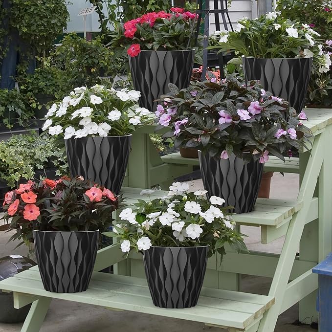 6 Pack 7 Inch Indoor Plant Pots with Drainage Holes, Outdoor Plastic Decorative Flower Pots, Garden Planters with Tray Saucers for Orchids, Violets, Succulents, Herbs, and Other Plants Rootora