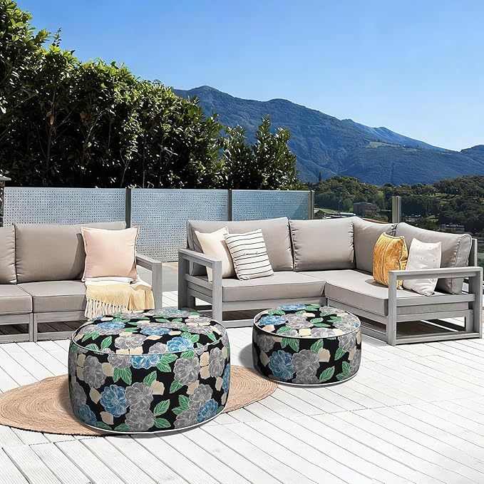 LVTXIII Outdoor Inflatable Ottoman, Fade-Resistant Round Footrest Stool D31”x H14”, Portable Patio Pouf for Garden Camping or Home Use, Peony Garden LVTXIII