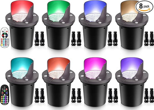SUNVIE RGBW Low Voltage Landscape Lighting Color Changing 12W Waterproof Well Lights Landscape LED In Ground 12-24V Dimmable Paver Lights with Connectors for Pathway Garden Yard Fence Deck, 8 Pack SUNVIE