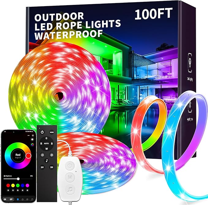KSIPZE 100ft(2x50ft) Outdoor led Strip Lights Waterproof IP68, RGB Outdoor led Lights with Button & Bluetooth App Control, Music Sync, Timer, Exterior Led Rope Lights for Decor Balcony, Roof KSIPZE