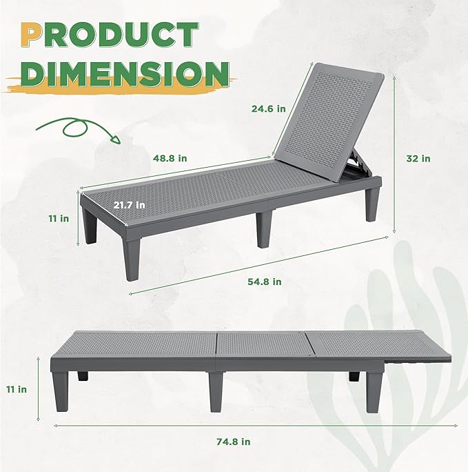 Greesum Outdoor Chaise Lounge Chairs Set of 2 with 5-Position Adjustable Backrest, Waterproof PP Sun Chaise Loungers for Garden Pool Beach Patio Deck Sunbathing, Grey BuynowfromGreesum