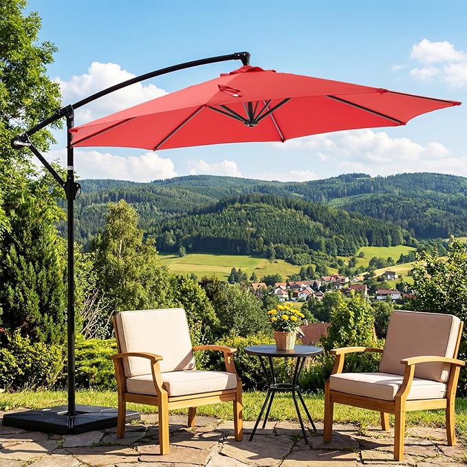 OLIXIS 9.7FT Offset Patio Umbrella with Base, Cantilever Table Umbrellas for Outdoor Sun Shade UV Protection with Easy Tilt Adjustment, 8 Ribs for Backyard, Lawn, Garden, Pool - Red OLIXIS