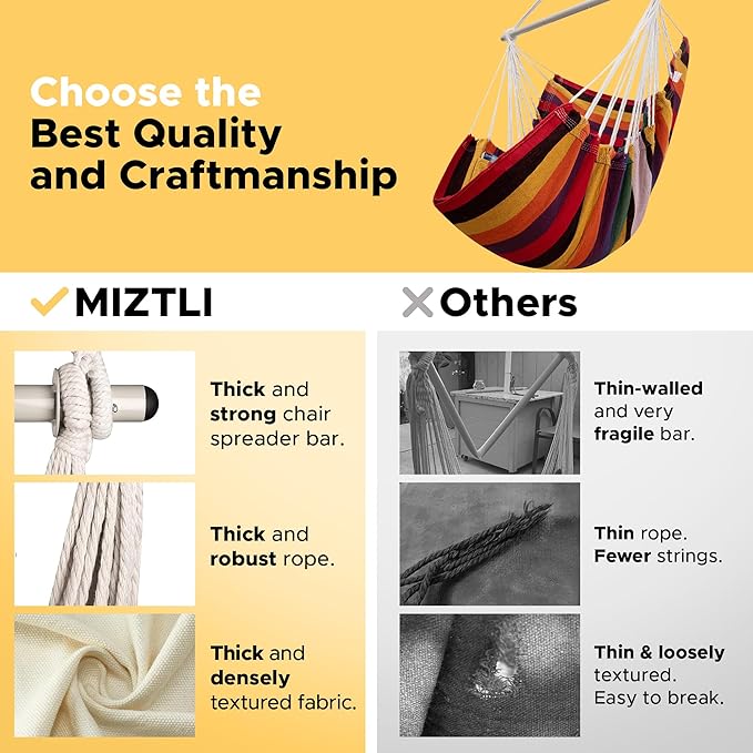 Miztli Hammock Chair with Hanging Chair Cover – Max 500 Lbs, Steel Spreader Bar with Anti-Slip Rings, Comfortable Indoor & Outdoor Hanging Chair – Includes Protective Waterproof Cover (57x45.5 in) MIZTLI