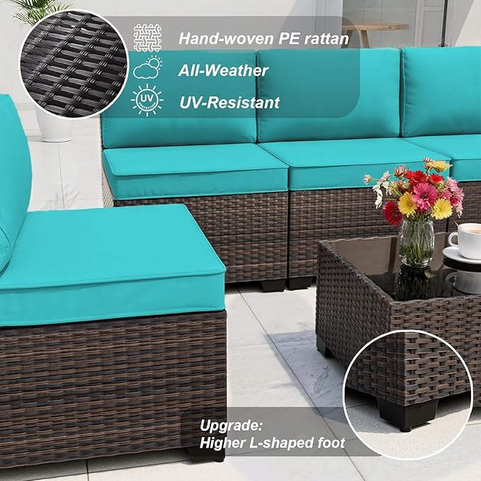 ALAULM Patio Furniture Set with Fire Pit Table 55000 BTU, Outdoor Sectional with Wide Seat and Thick Cushion, 15 Piece Wicker Rattan Conversation Set with Coffee Table for Garden, Deck, Turquoise ALAULM