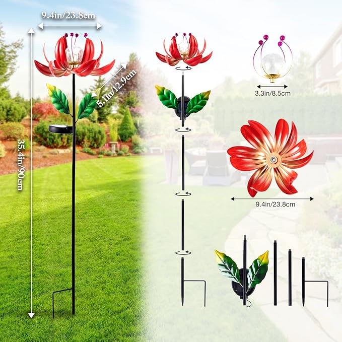 Solar Lights Outdoor Wind Spinners, Metal Lotus Flower Garden Decor with Waterproof LED Crackle Glass Globe for Patio Lawn Yard Outdoor Decor SUCUY