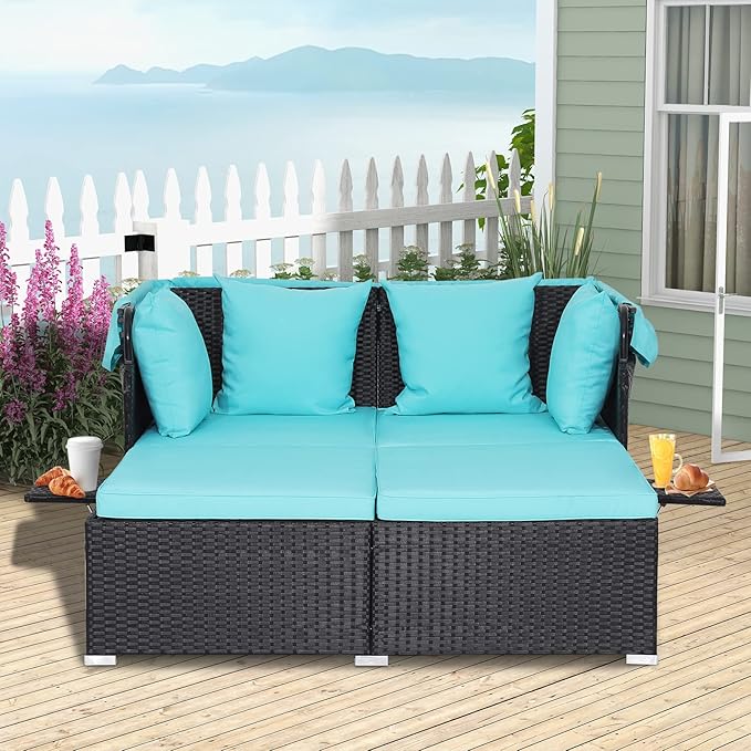 ORALNER Outdoor Daybed, 2-Person Wicker Patio Sofa with Retractable Canopy, Cushions & Pillows, 2 Side Trays, PE Rattan Double Sunbed Lounger for Deck Poolside Backyard Garden Balcony (Turquoise) ORALNER