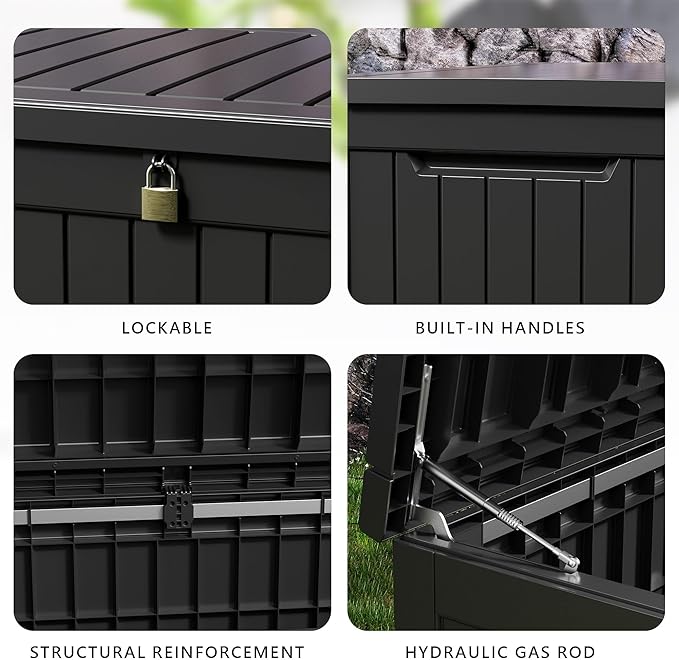 DRATO 280 Gallon Deck Box, Outdoor Large Waterproof Resin Storage Box with Lockable Lid for Patio Cushions, Gardening Tools（Black，280 Gallon） DRATOprovidesawarmandcozy