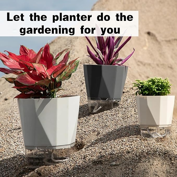 4 Packs Self Watering Plant Pots, Plastic Flower Pots with Drainage Hole and Saucer, Self Watering Planters for Indoor Outdoor Garden Plants, African Violet, Herbs (White, 5") Rootora