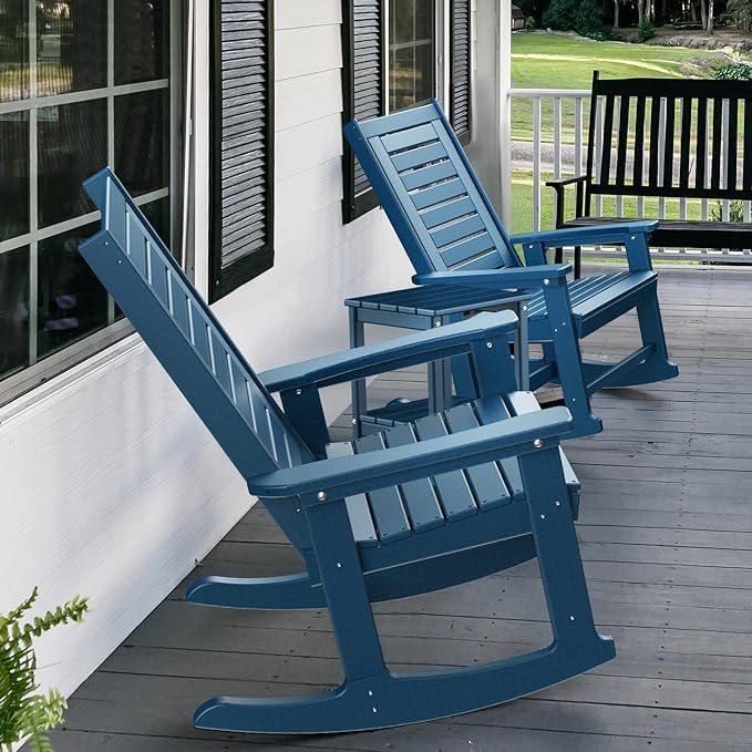 GREENVINES Outdoor Rocking Chairs | Porch Rocker | HDPE Plastic | Blue | Oversized Rockers | High Back | Big & Tall | Ladder Back | for Patio Outside Backyard Balcony Garden GreenVines