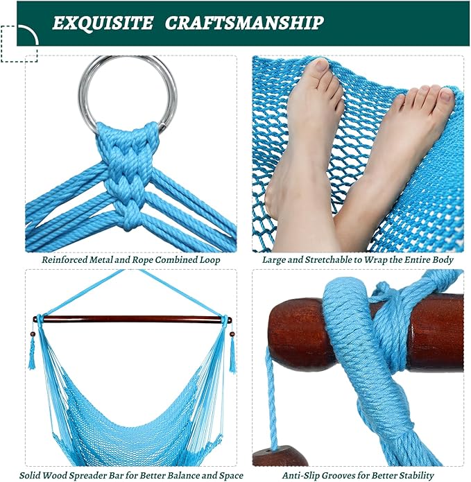 Caribbean Hammock Swing Chair with Spreader Bar, Large Hammock Chair, Hand Craft Rope Hanging Chair Outdoor, Indoor, Bedroom, 330 LBS Weight Capacity, Blue Bathonly