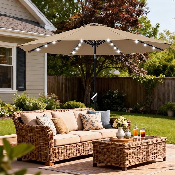 ABCCANOPY Durable Solar Led Patio Umbrellas with 32LED Lights 9FT (khaki) ABCCANOPY