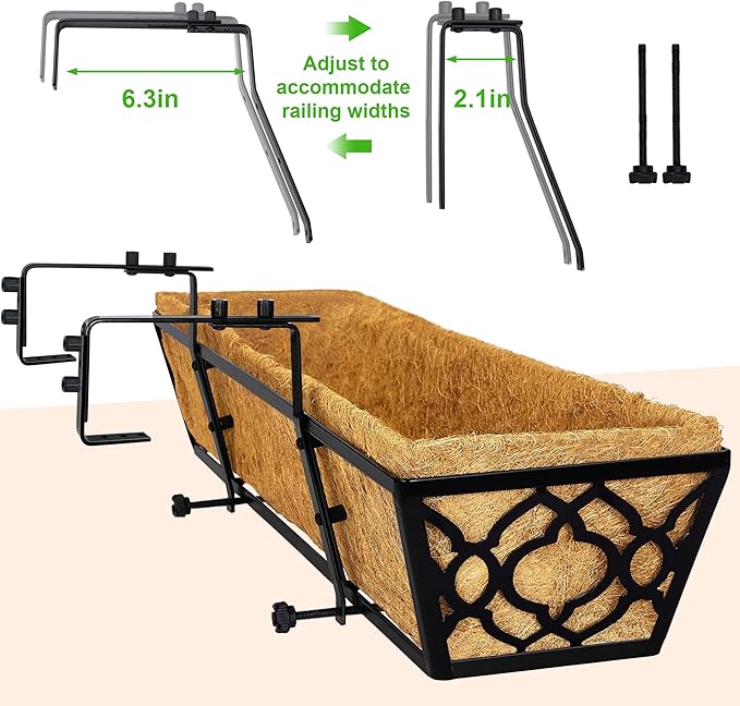 Y&M 30 inch Window Planter Box 4Pcs Iron Window Deck Railing Planter with Coco Liner, Metal Horse Troughs Fence Planter for Outdoor Balcony Rail Fence Porch Patio YM