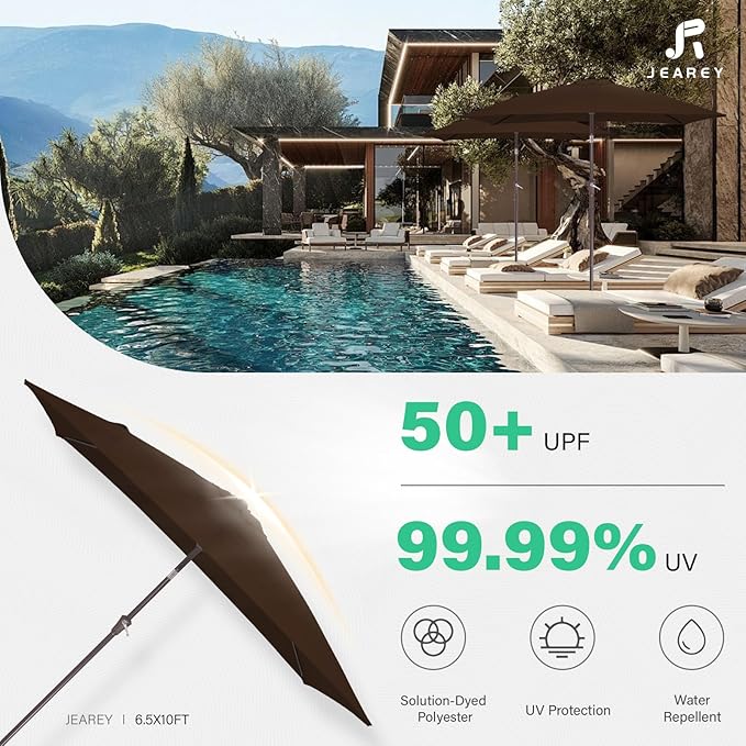 JEAREY 6.5x10 ft Rectangular Patio Umbrellas Rectangle Outdoor Umbrella with Push Button Tilt and Crank, Market Table Umbrella 6 Sturdy Ribs UV Protection for Poolside Garden Backyard Deck, Brown JEAREYOutdoorsCollection