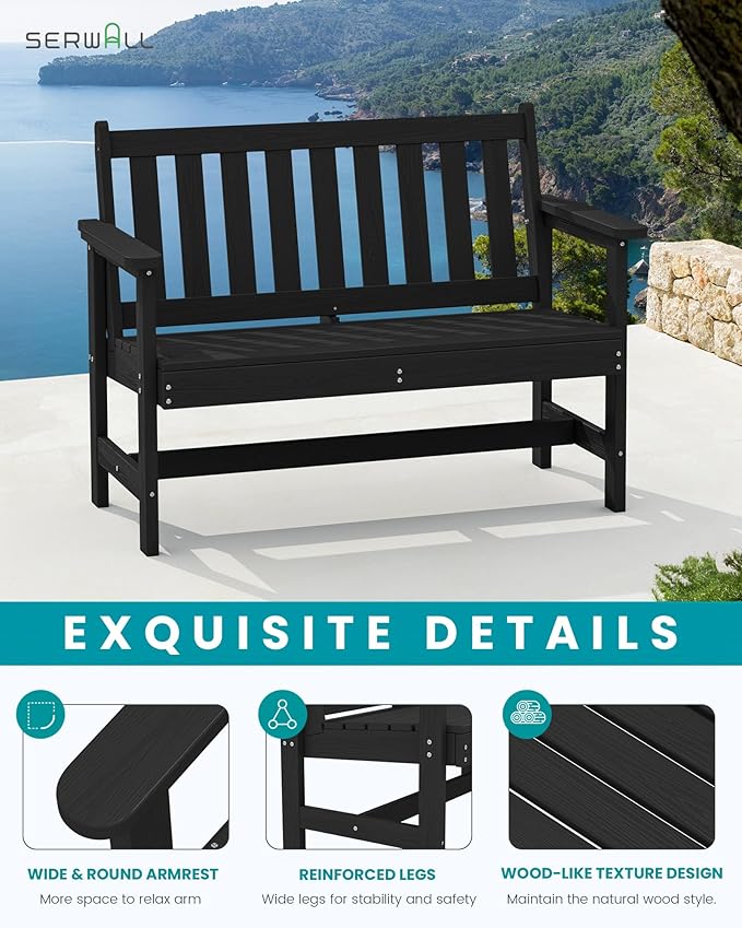 SERWALL Outdoor Bench, HDPE Outdoor Benches Weatherproof, 2-Person Garden Bench with 660 lbs Weight Capacity, Patio Benches for Outdoors, Garden, Porch, Backyard and Park, Black, 4 Pack SERWALL