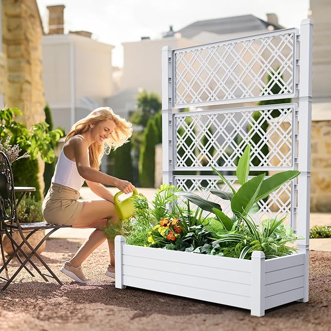Raised Garden Bed with Trellis for Climbing Plants, 43.43" L x 18.27" W x 59.29" H Planter Box with Self Watering Drainage Holes for Outdoor Backyard Patio Balcony, Anti-Rust Resin (Ashen) OutdoorLivingPerfected