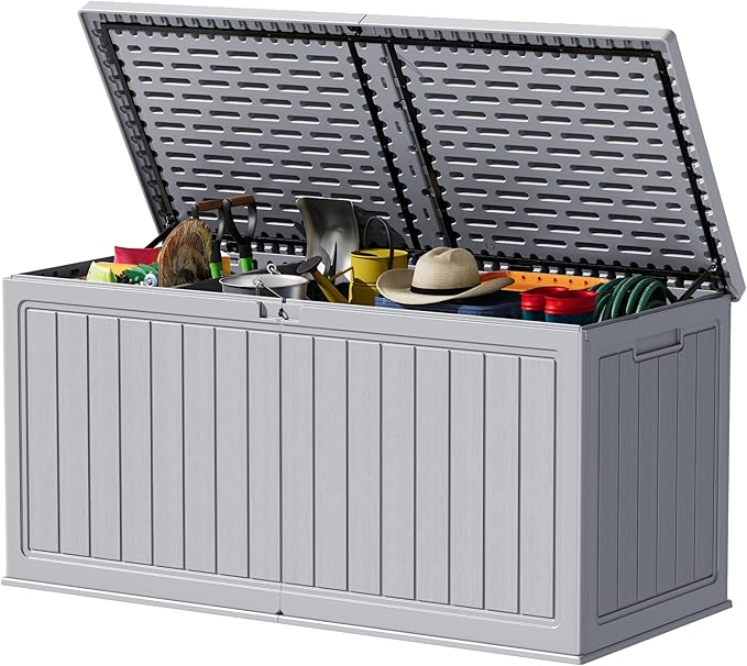 Devoko 260 Gallon Double-Wall Deck Box with Divider, Side Handles, Resin Outdoor Large Storage Box Waterproof and Lockable for Patio Furniture, Garden, Pool (Grey, 260 Gallon) DEVOKO
