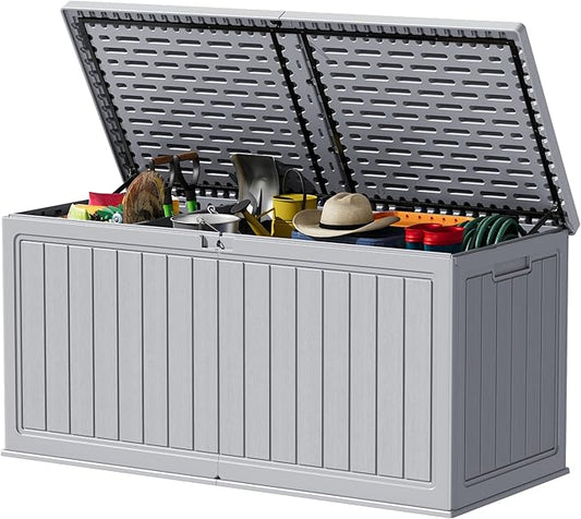 Devoko 260 Gallon Double-Wall Deck Box with Divider, Side Handles, Resin Outdoor Large Storage Box Waterproof and Lockable for Patio Furniture, Garden, Pool (Grey, 260 Gallon) DEVOKO