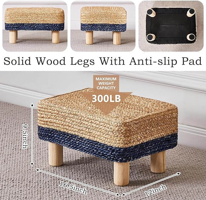 Wimarsbon Natural Seagrass Footstool Ottoman Rectangular Footrest Pouf Ottomans with Wooden Legs Hand Weave Step Stool for Living Room Bedroom Entryway Blue Wimarsbon