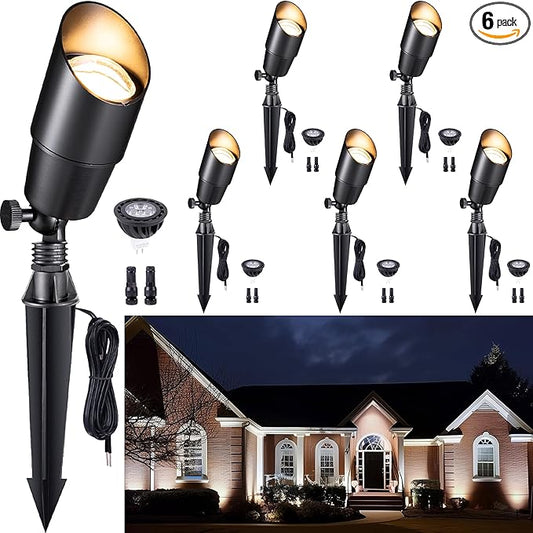 Gardenreet Solid Brass Spot Lights - Black Low Voltage Landscape Spotlight Outdoor, 12V LED Uplights Wired, Waterproof Electric for Patio Wall with 5000K Daylight MR16 Bulb (6 Pack) Gardenreet