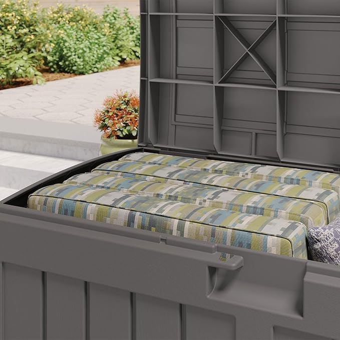 Suncast 50 Gallon Plastic Deck Box with Molded Lockable Feature and Weathertight Construction for Home, Patio, Lawn, and Garden Storage, Gray Suncast