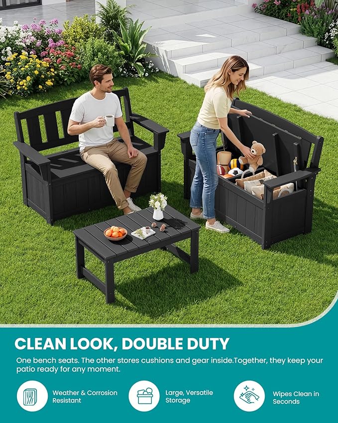 SERWALL HDPE Outdoor Storage Bench, All-Weather, UV-Resistant Deck Box with Waterproof Storage Bags, 57 Gallon Dual-Use Seat & Organizer Deck Boxes for Patio, Garden Tools & Pool (Matte Black) SERWALL