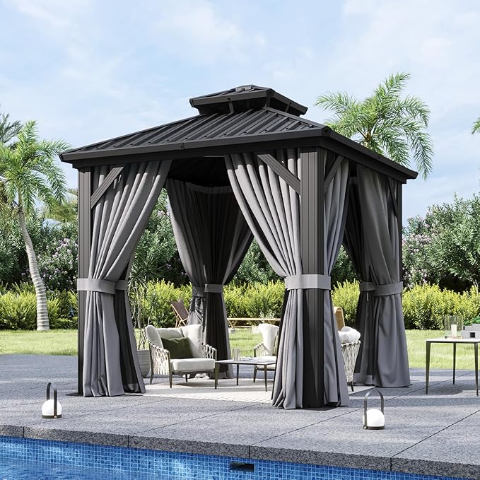 Aoxun 8'x8' Hardtop Gazebo, Aluminum Frame Canopy with Double Galvanized Steel Roof, Outdoor Metal Pavilion with Netting, Curtains for Backyard, Patio and Deck Aoxun