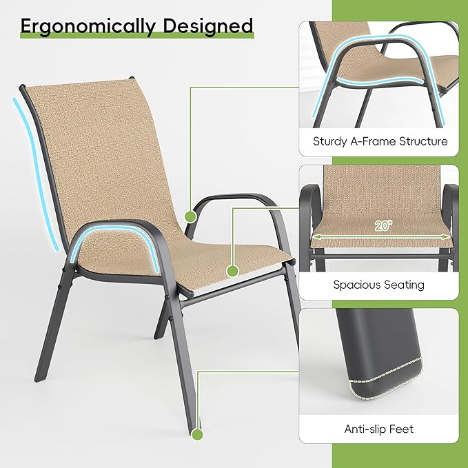 Patio Chairs Set of 4, Outdoor Dining Chairs Stackable for All Weather, Breathable Metal Modern Outside Furniture Chair for Pool Side, Garden, Backyard Deck, Brown furniture