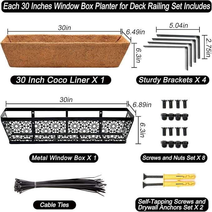 Halatool 4Pack 30 Inch Window Box with Coco Liner Sturdy Metal Railing Planter with Coconut Coir Basket Liners for Window Deck Fence Porch and Patio Outdoor Indoor Lawn HALATOOL