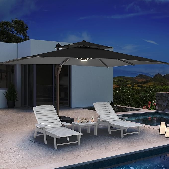 10 X 13 FT Cantilever Patio Umbrella with LED Lights Outdoor Heavy Duty Double Top Windproof Rectangle Offset Umbrellas with 360-degree Rotation for Pool Deck Backyard, Grey Ombrellon