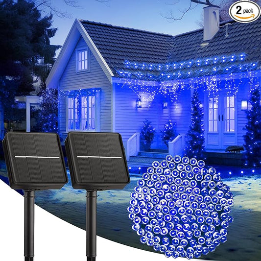 2-Pack 400LED 170FT Total Solar Outdoor Lights IP65 Waterproof Solar Powered Lights with 8 Lighting Modes for Party Garden Yard Home Holiday Tree Decoration Lighting,Blue Brightown