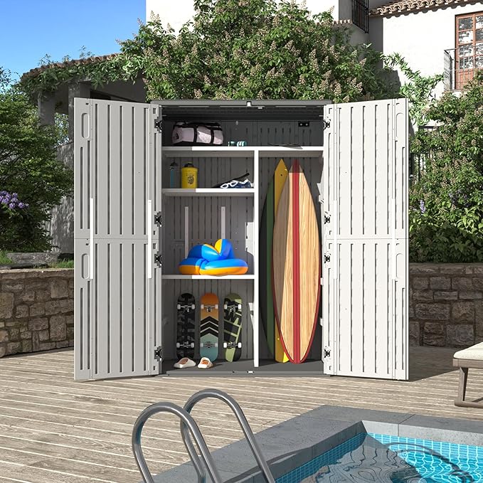 Aoxun Outdoor Resin Storage Shed with Metal Shelving Kit & Floor, 64 Cu.Ft Vertical Waterproof Storage Cabinet for Garage, Pool, Bike, Garden Tools, Patio Furniture (White) Aoxun